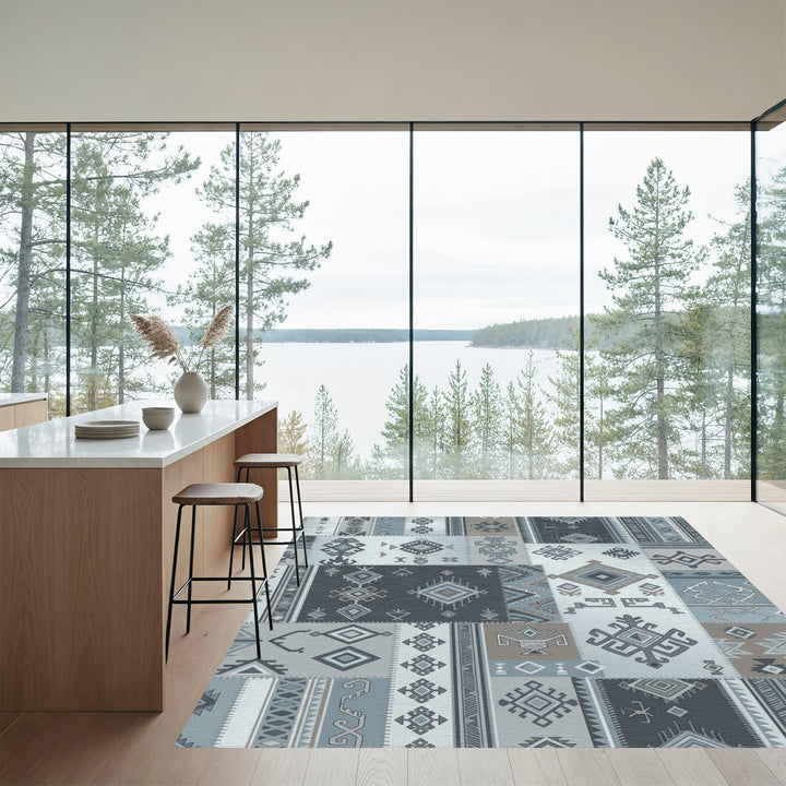 Patchwork Dusty Blue Geometric Tribal Rug