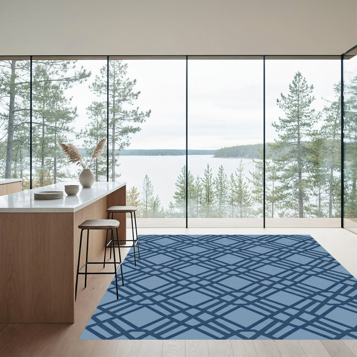 Deep Blue Intersecting Diamond Lattice Rug