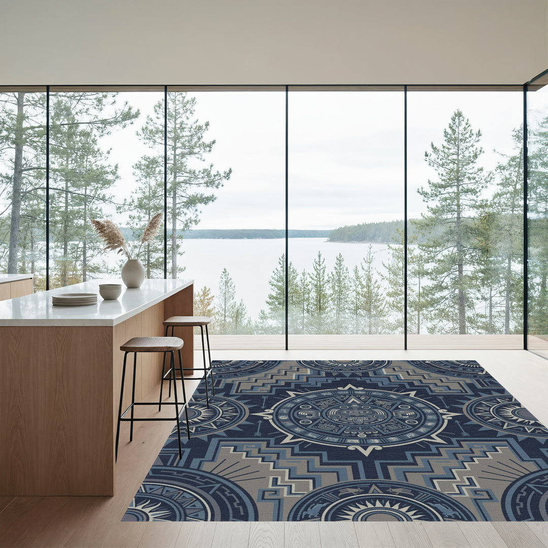Aztec Sun Stone Blue Geometric Rug