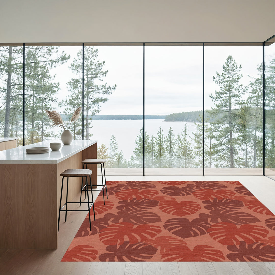Terracotta Tropical Monstera Leaves Rug