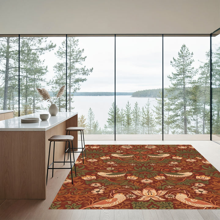 Red Bird and Strawberry Floral Tapestry Rug