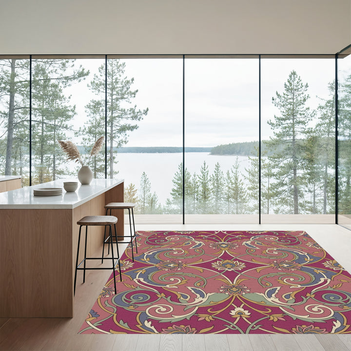 Deep Plum Floral Scrollwork Art Rug