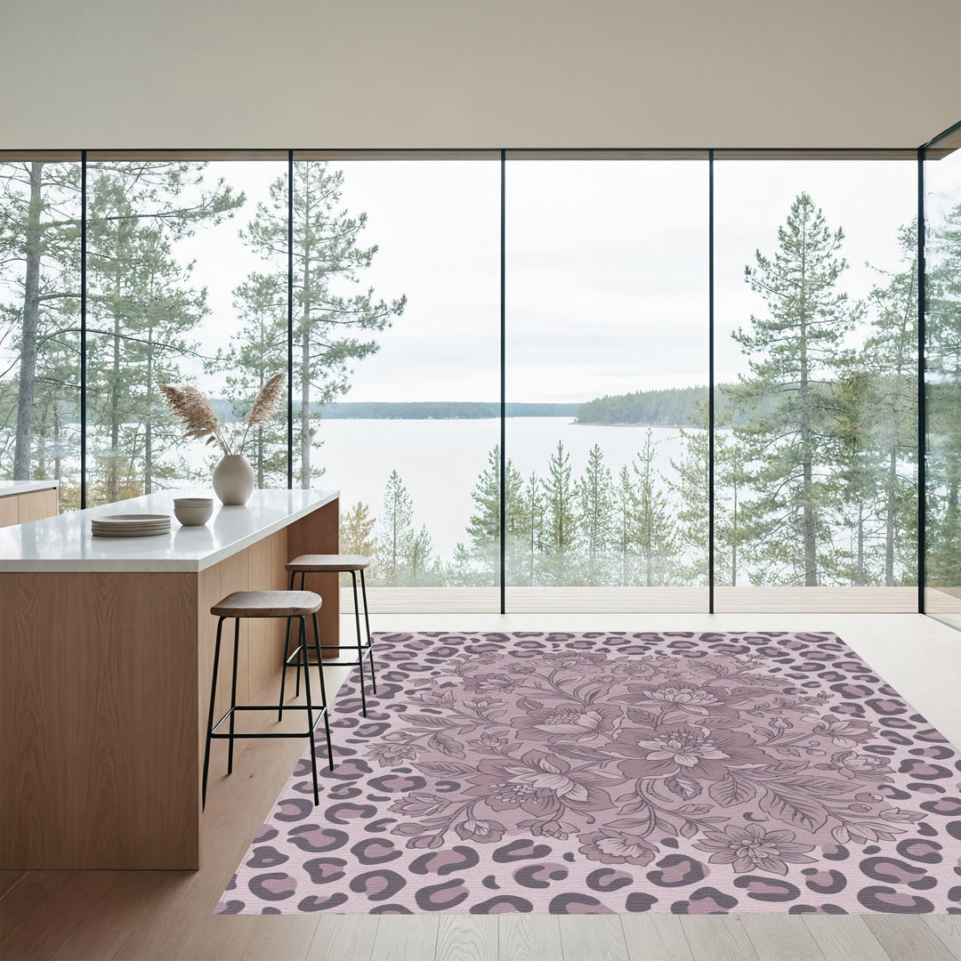 Mauve Floral Leopard Round Rug