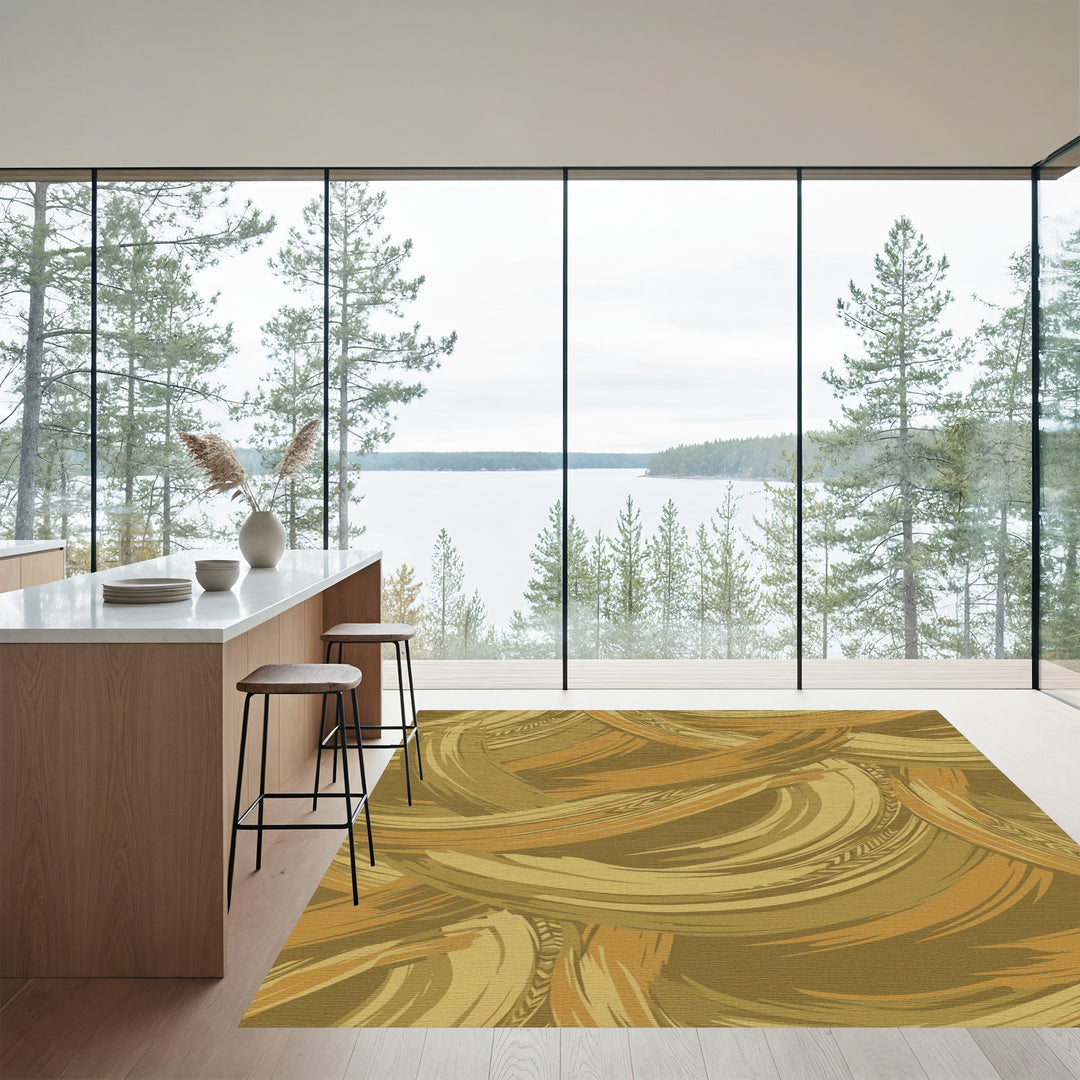 Earthy Gold Brushstroke Swirl Rug