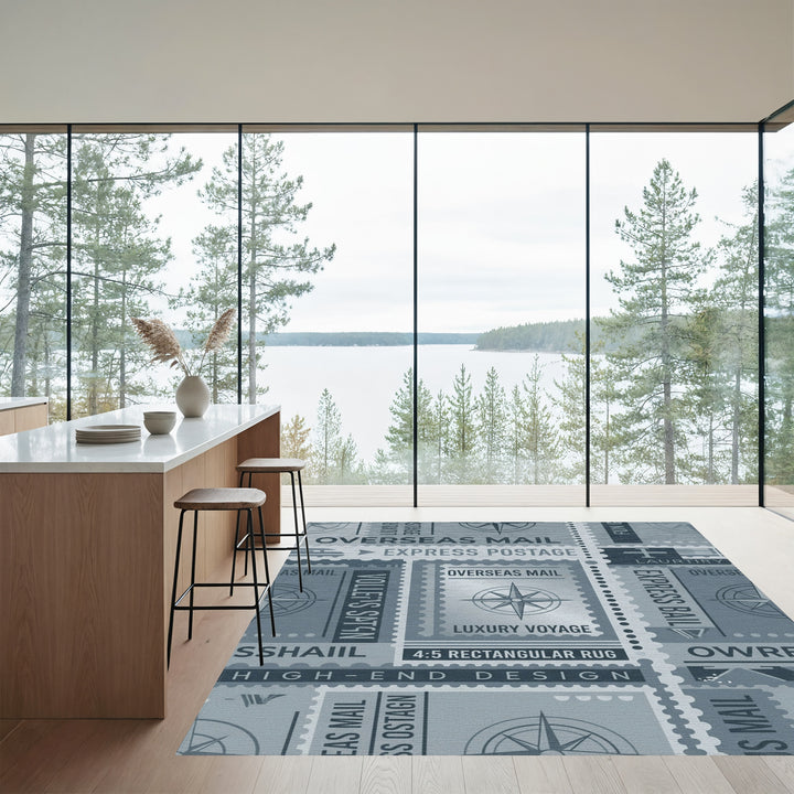 Monochromatic Nautical Stamp Compass Rug