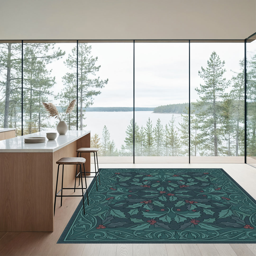 Dark Teal Holly Berry Garland Rug