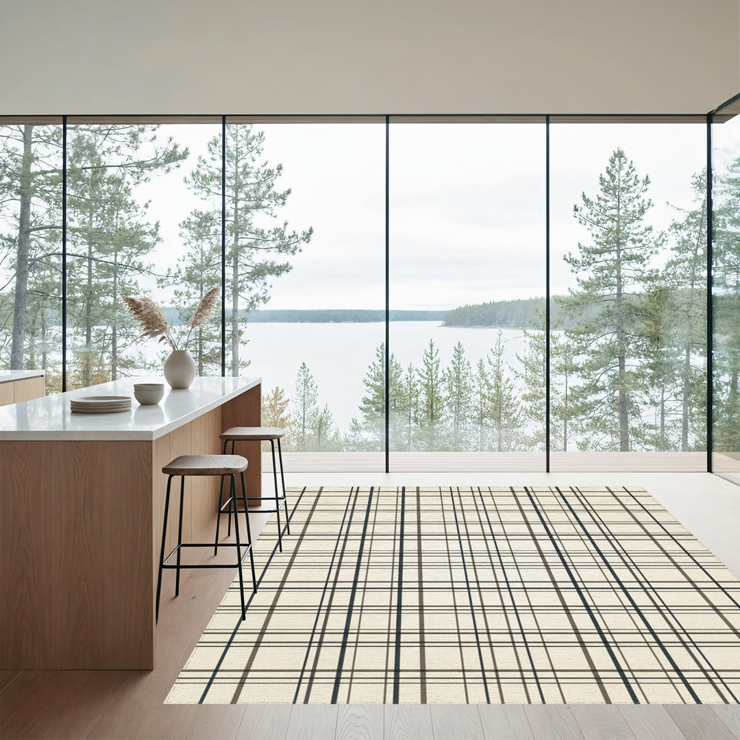 Classic Beige Black Plaid Stripes Rug