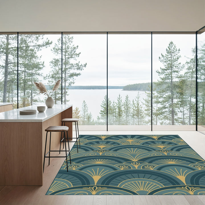 Art Deco Teal Gold Sunburst Waves Rug