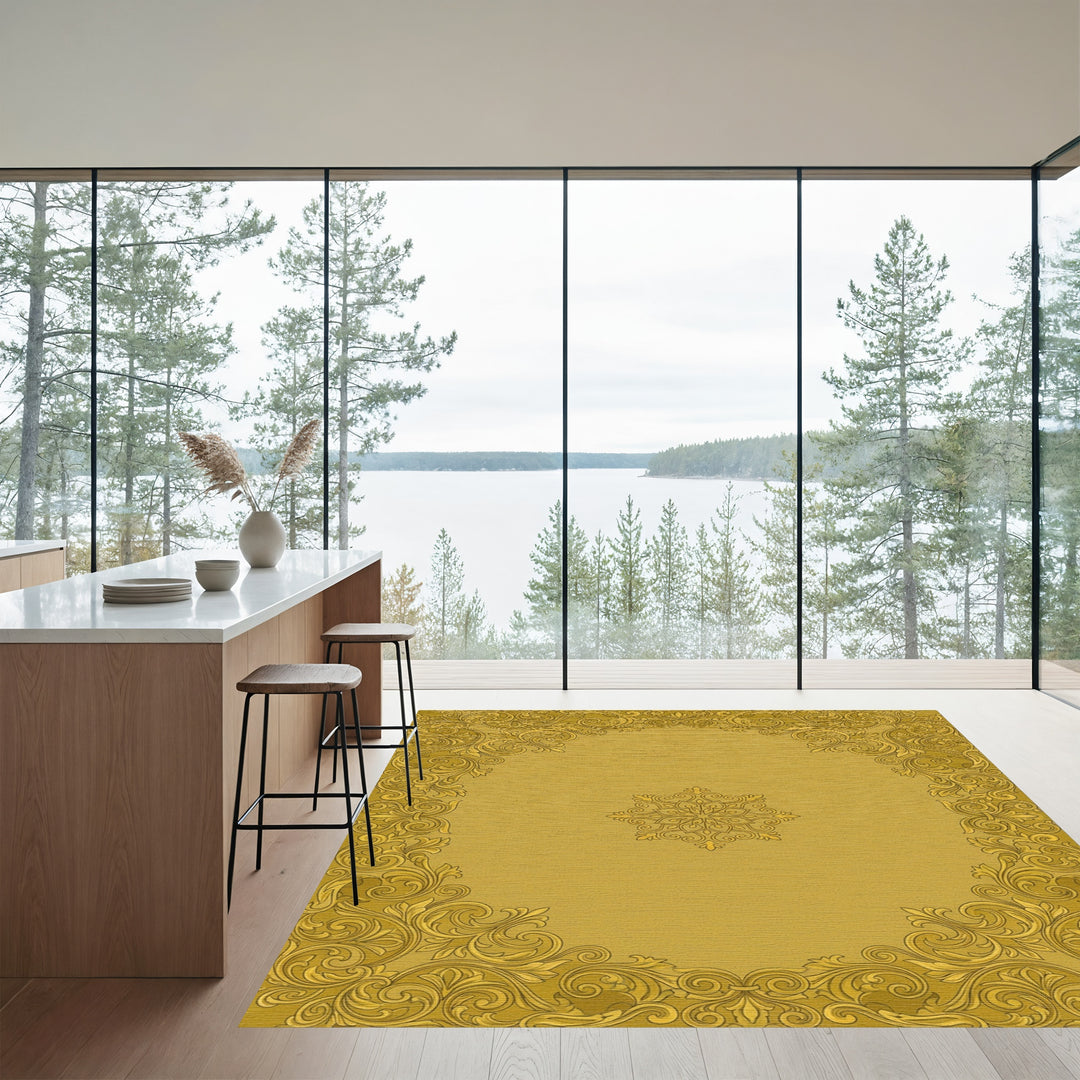 Elegant Gold Acanthus Scroll Medallion Rug