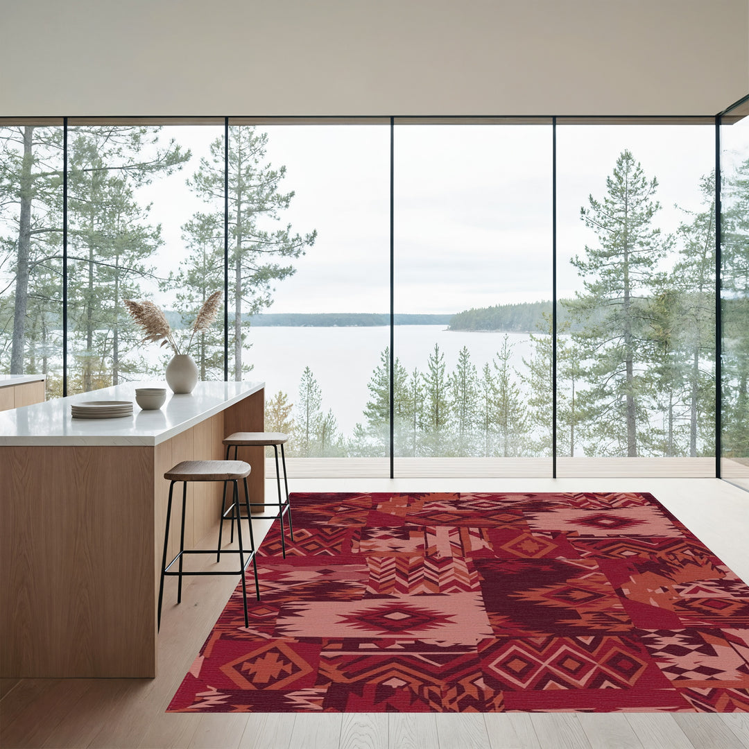 Terracotta Red Patchwork Geometric Medallion Rug