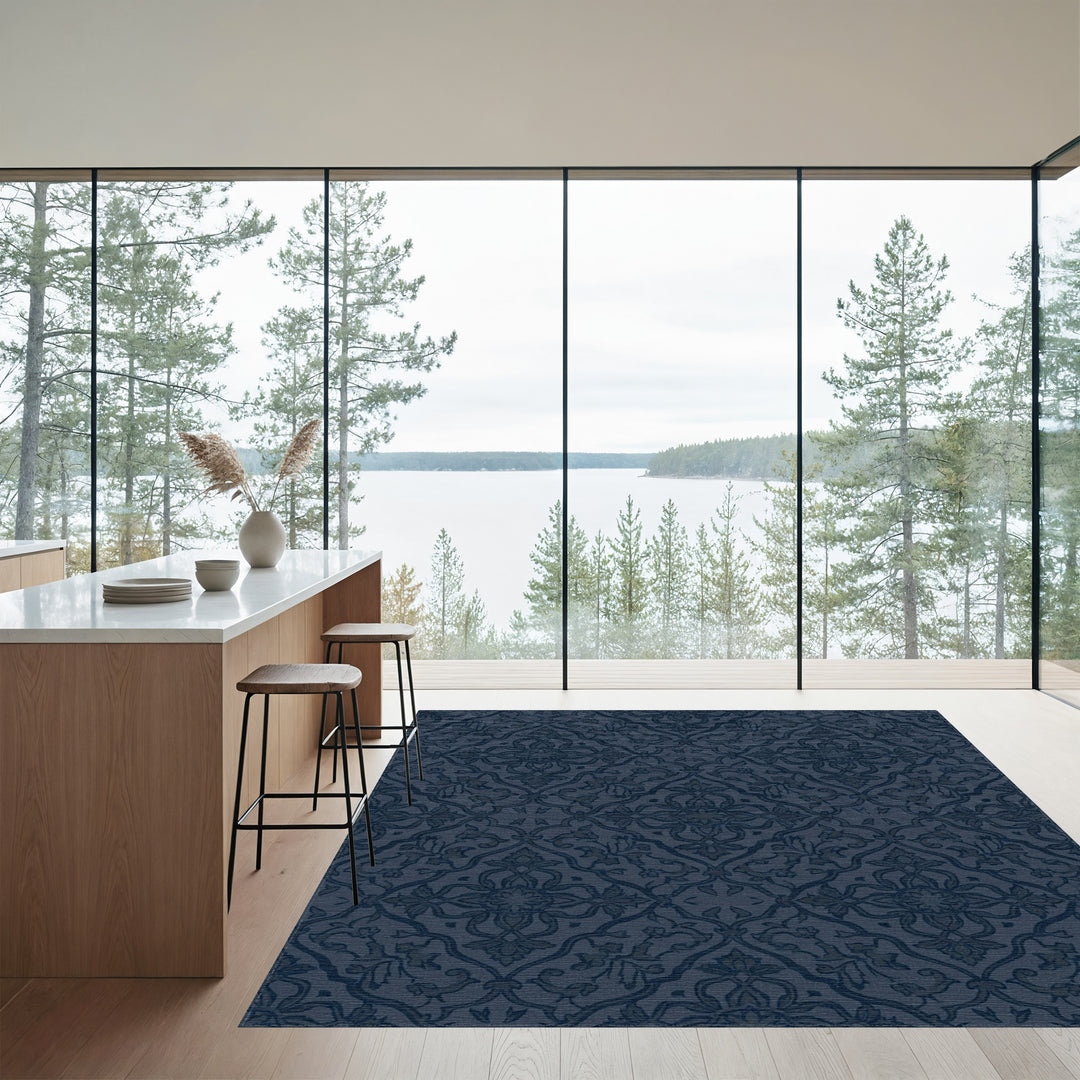 Deep Navy Floral Vine Lattice Rug