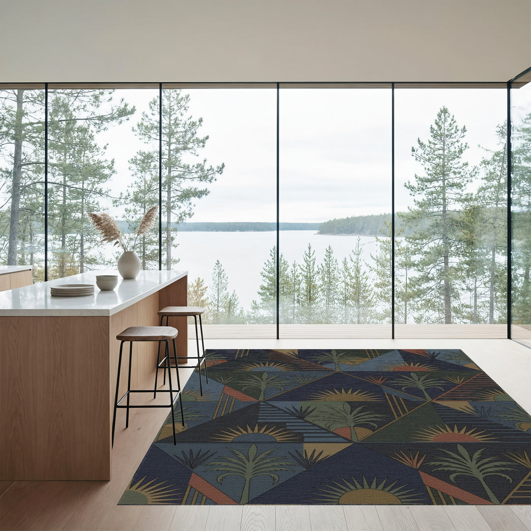 Geometric Sunrise Palm Tree Blues Rug