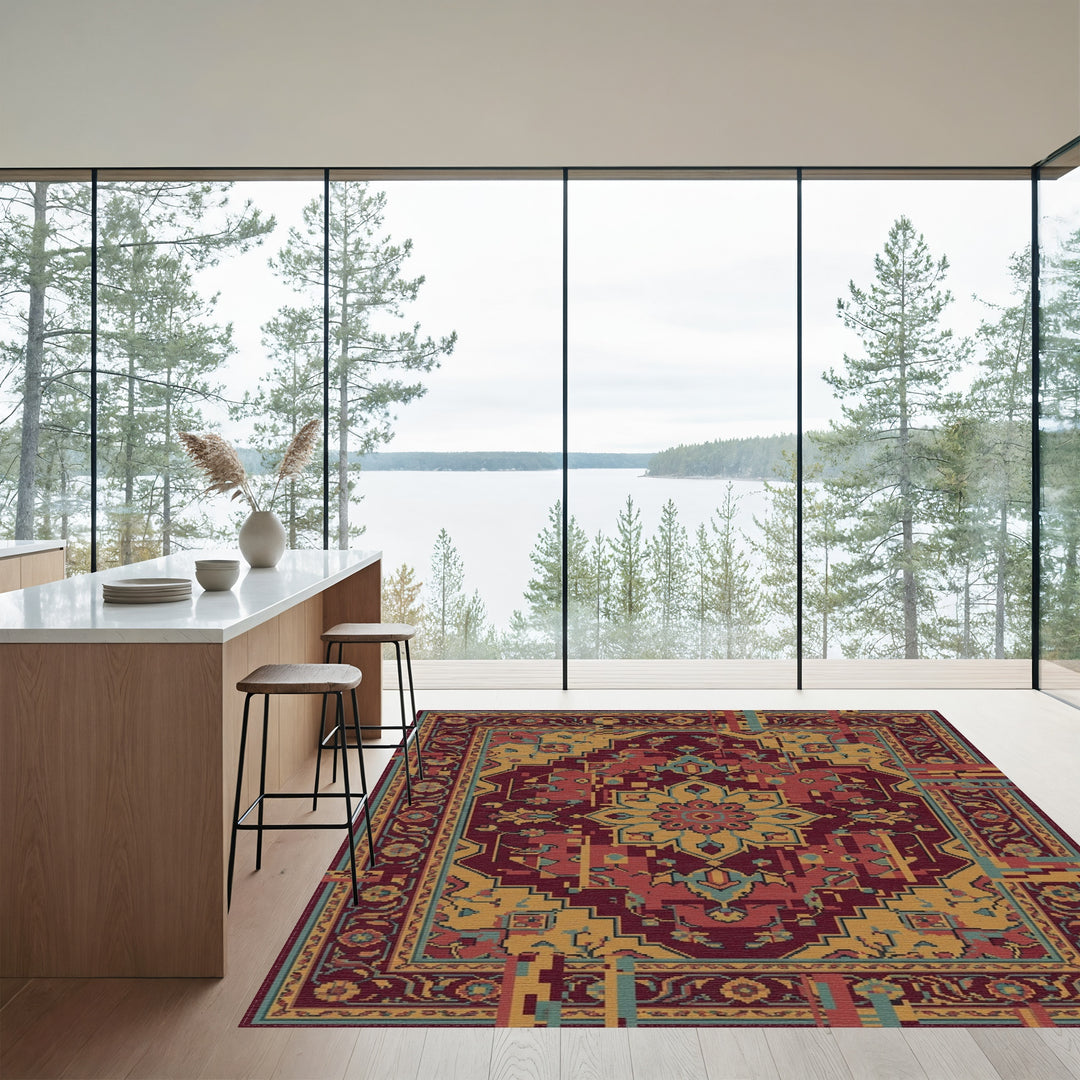 Crimson Golden Medallion Glitch Rug