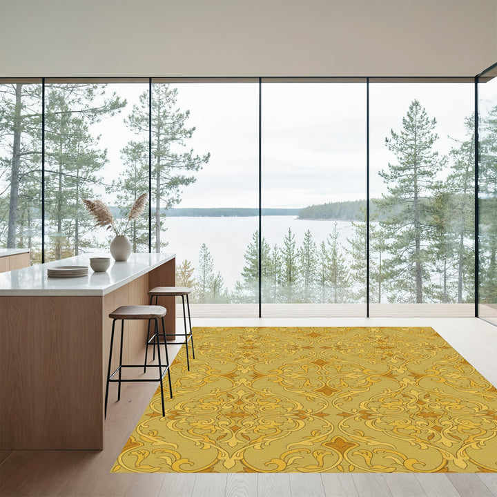 Golden Ochre Scrollwork Baroque Rug