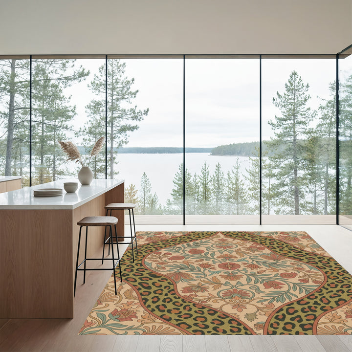 Earthy Floral Leopard Stripe Medallion Rug