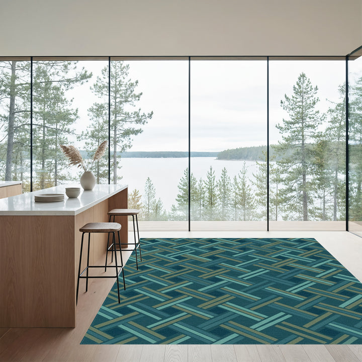 Teal Blue Woven Geometric Overlay Rug