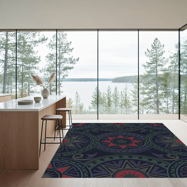 Dark Crimson Green Tribal Sunburst Medallion Rug