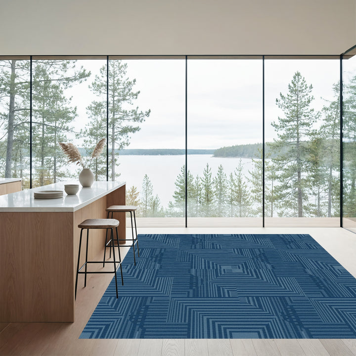 Deep Blue Geometric Stripe Square Rug