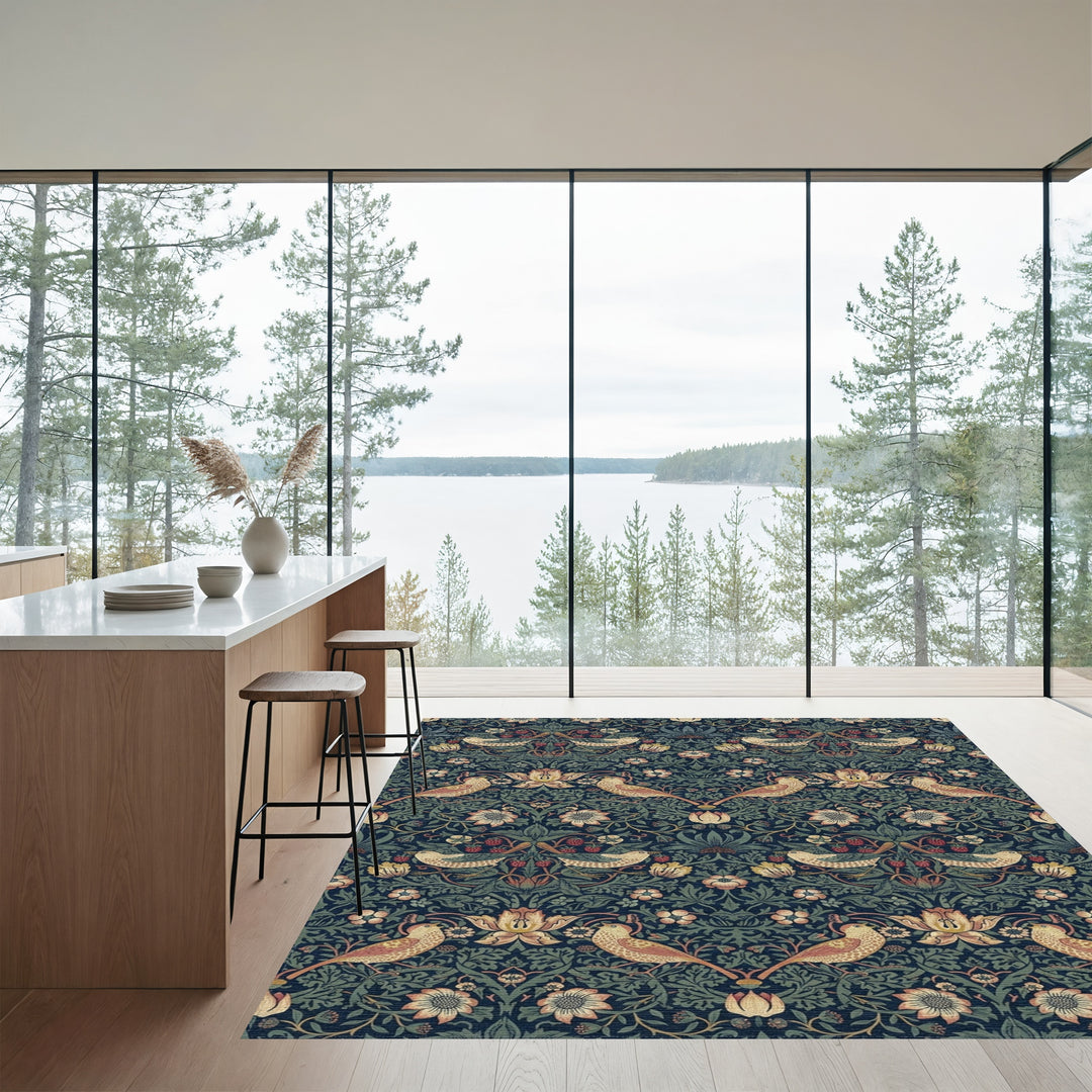 Indigo Birds and Strawberry Vines Rug