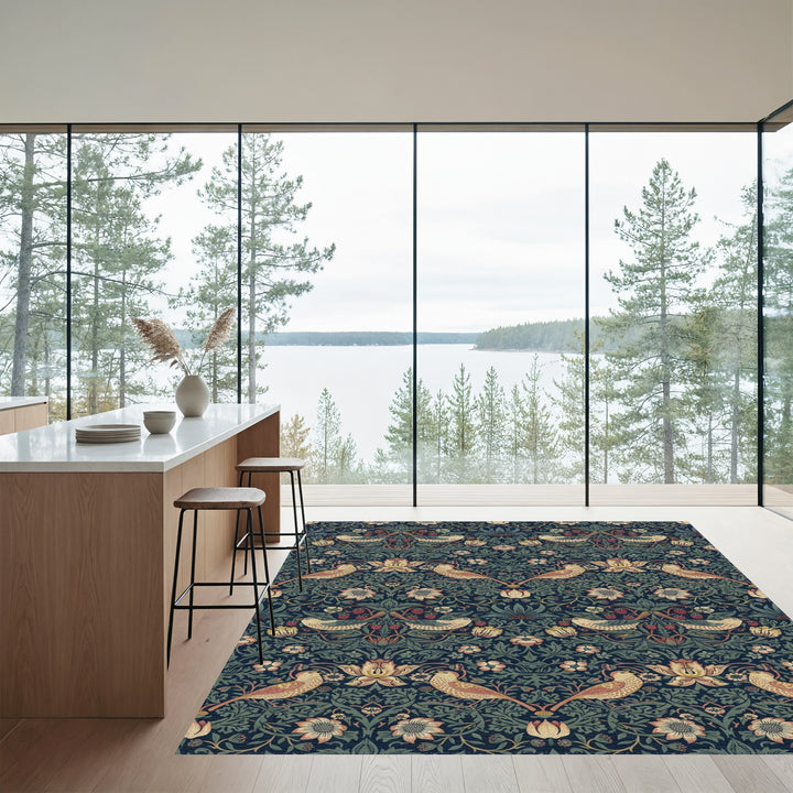Indigo Birds and Strawberry Vines Rug