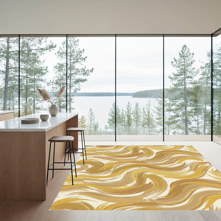 Golden Earthy Swirl Brushstroke Rug