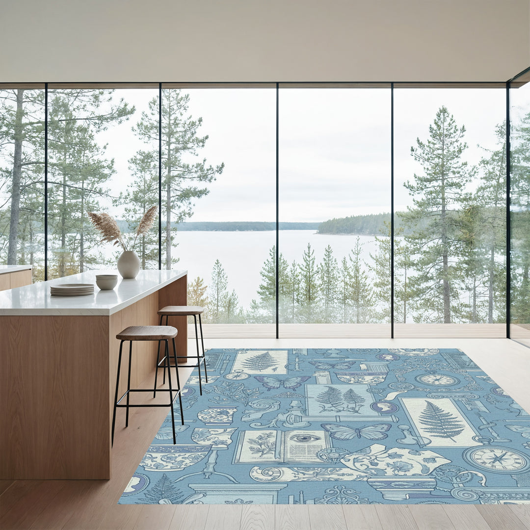 Antique Blue Botanical Butterfly Collage Rug