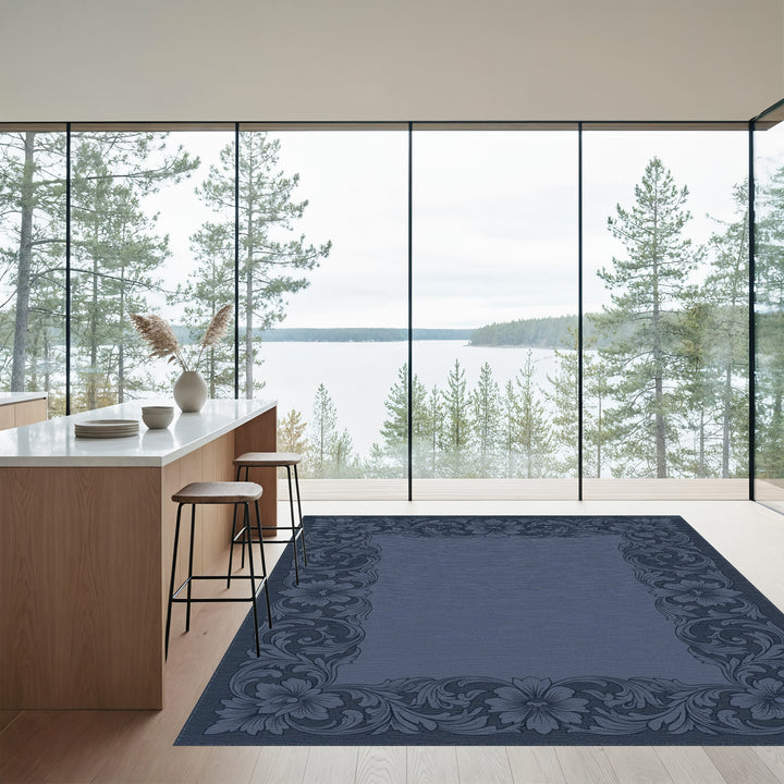 Deep Blue Floral Scroll Border Rug