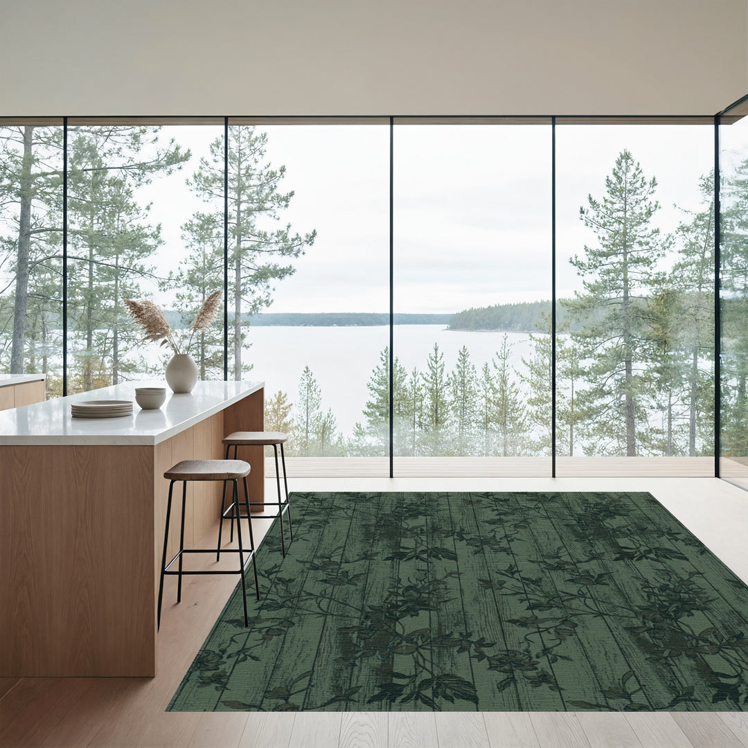 Dark Green Woodland Floral Vines Rug