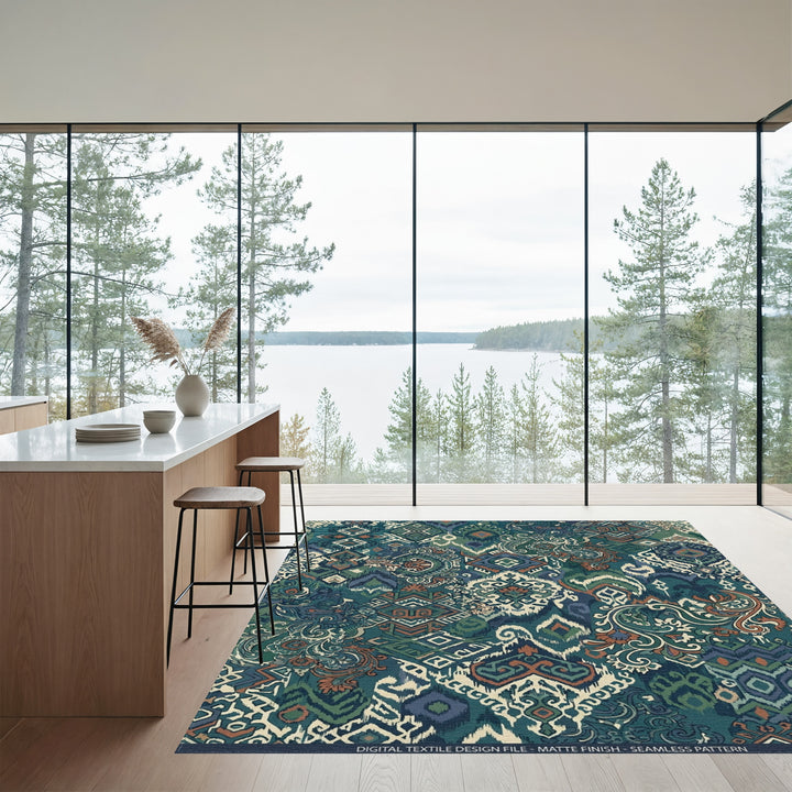 Teal Blue Earthy Patchwork Medallion Rug