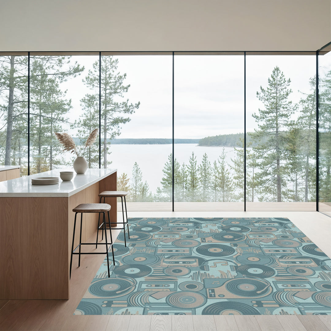 Retro Vinyl Cassette Turntable Audio Collaged Rug