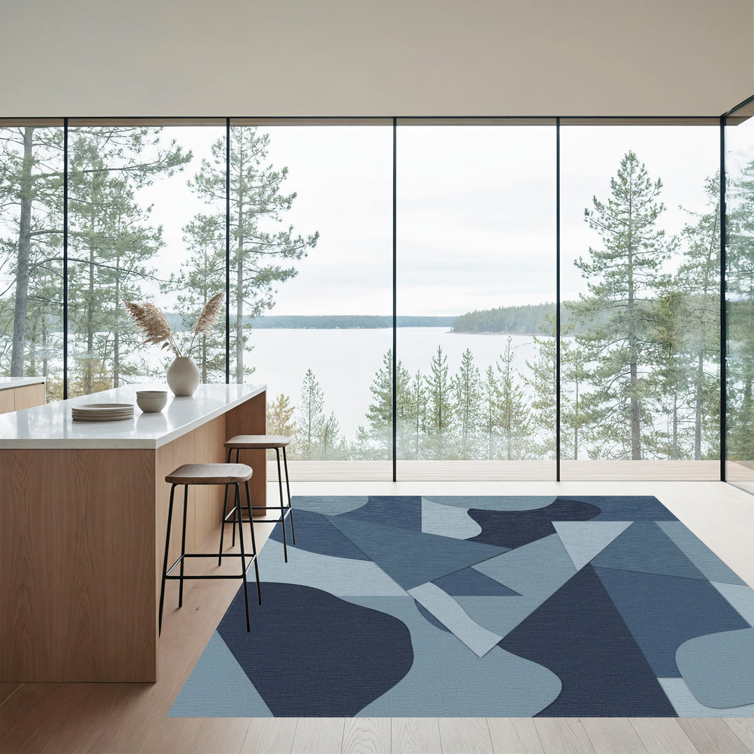 Deep Blue Abstract Geometric Collage Rug