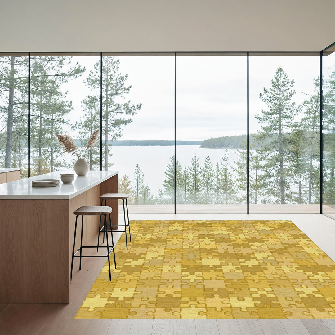 Golden Jigsaw Puzzle Tile Arrangement Rug
