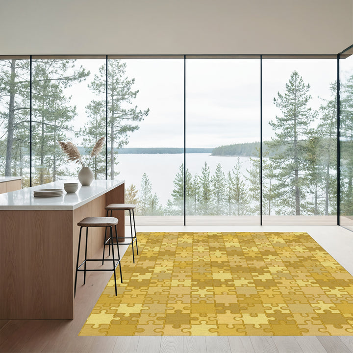 Golden Jigsaw Puzzle Tile Arrangement Rug
