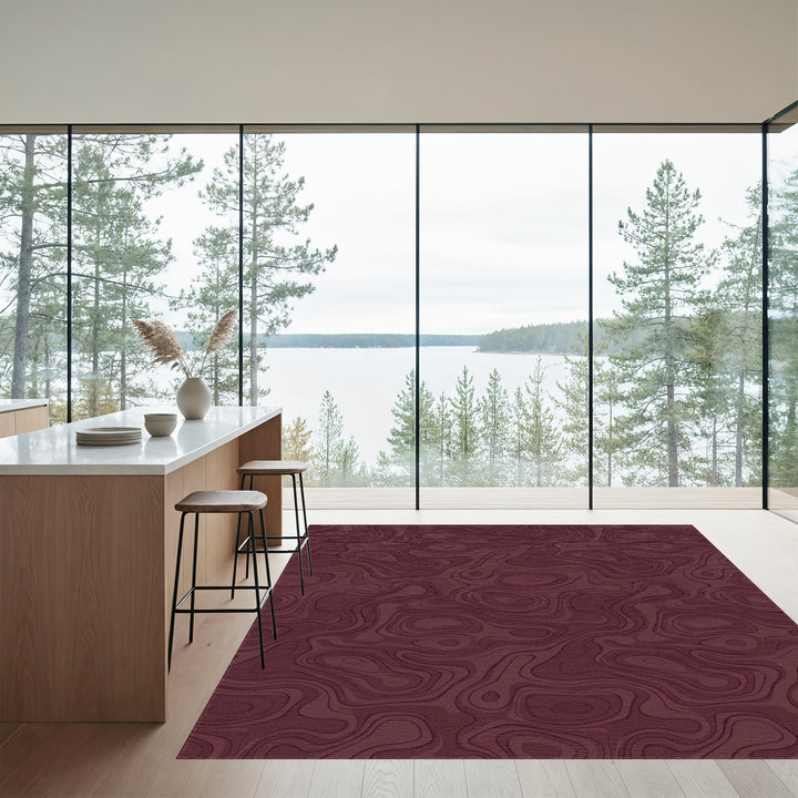 Deep Burgundy Topographic Contour Rug