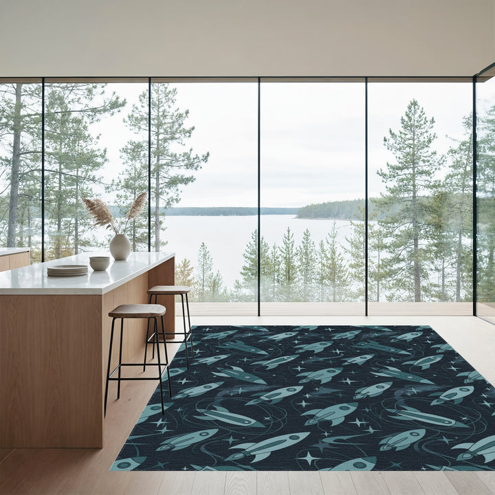 Retro Blue Mid Century Rocket Galaxy Rug