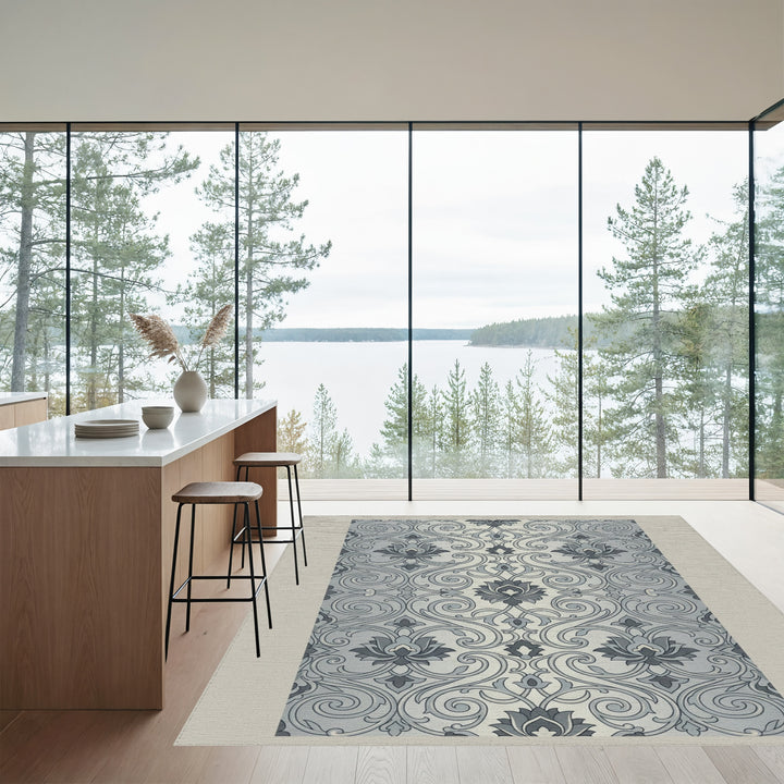 Gray Floral Swirl Damask Rug