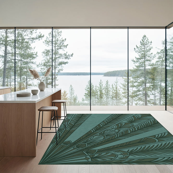 Deep Teal Feathered Fan Art Deco Rug