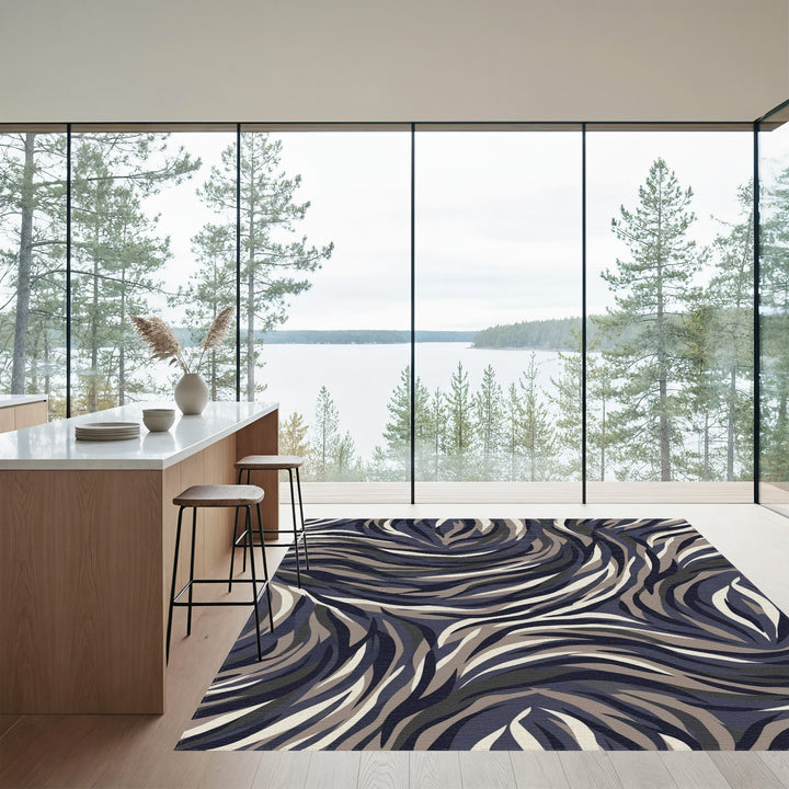 Dark Slate Abstract Swirl Stripe Rug