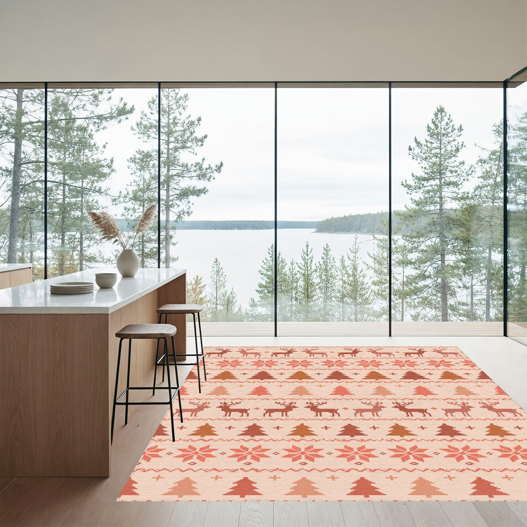 Earthy Tone Deer Pine Tree Snowflakes Rug