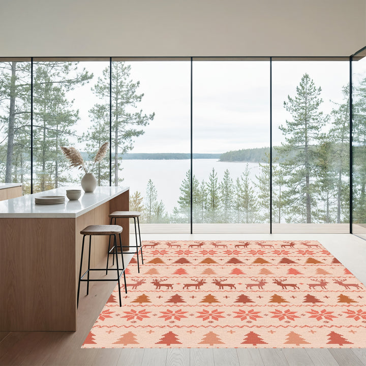 Earthy Tone Deer Pine Tree Snowflakes Rug
