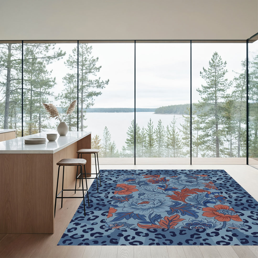 Blue Coral Floral Leopard Patchwork Rug