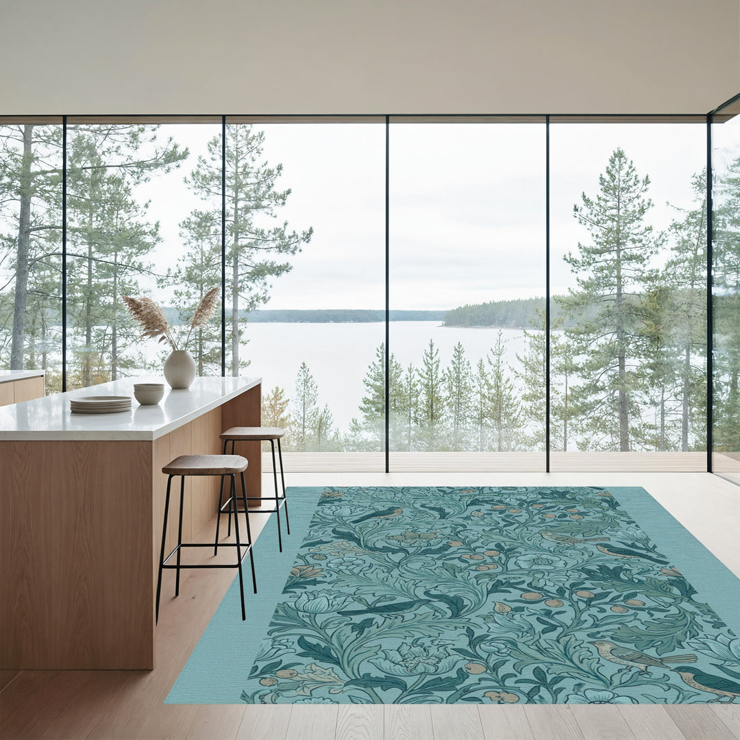Teal Floral Birds and Fruit Garden Rug