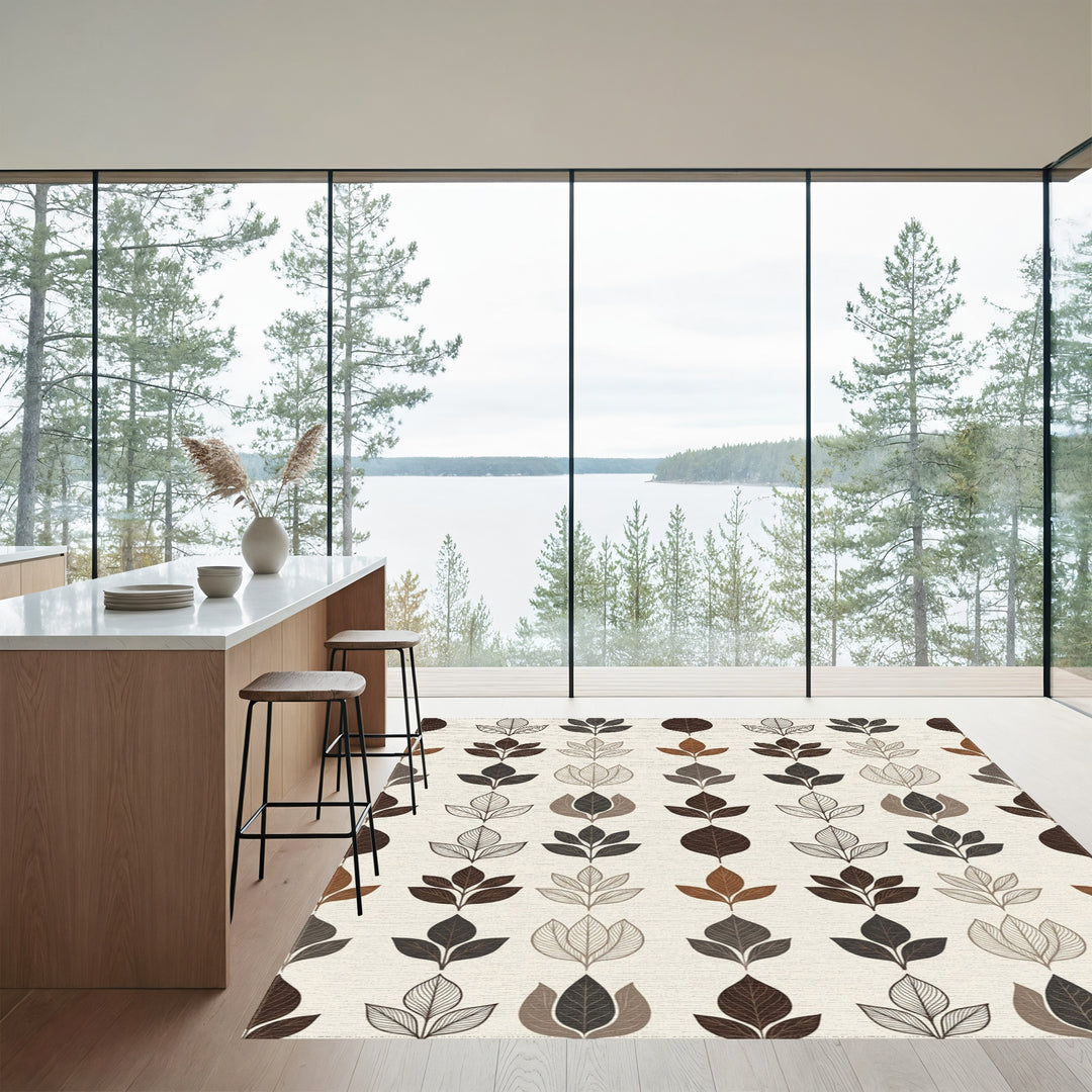 Brown Earth Toned Leaf Arrangement Rug