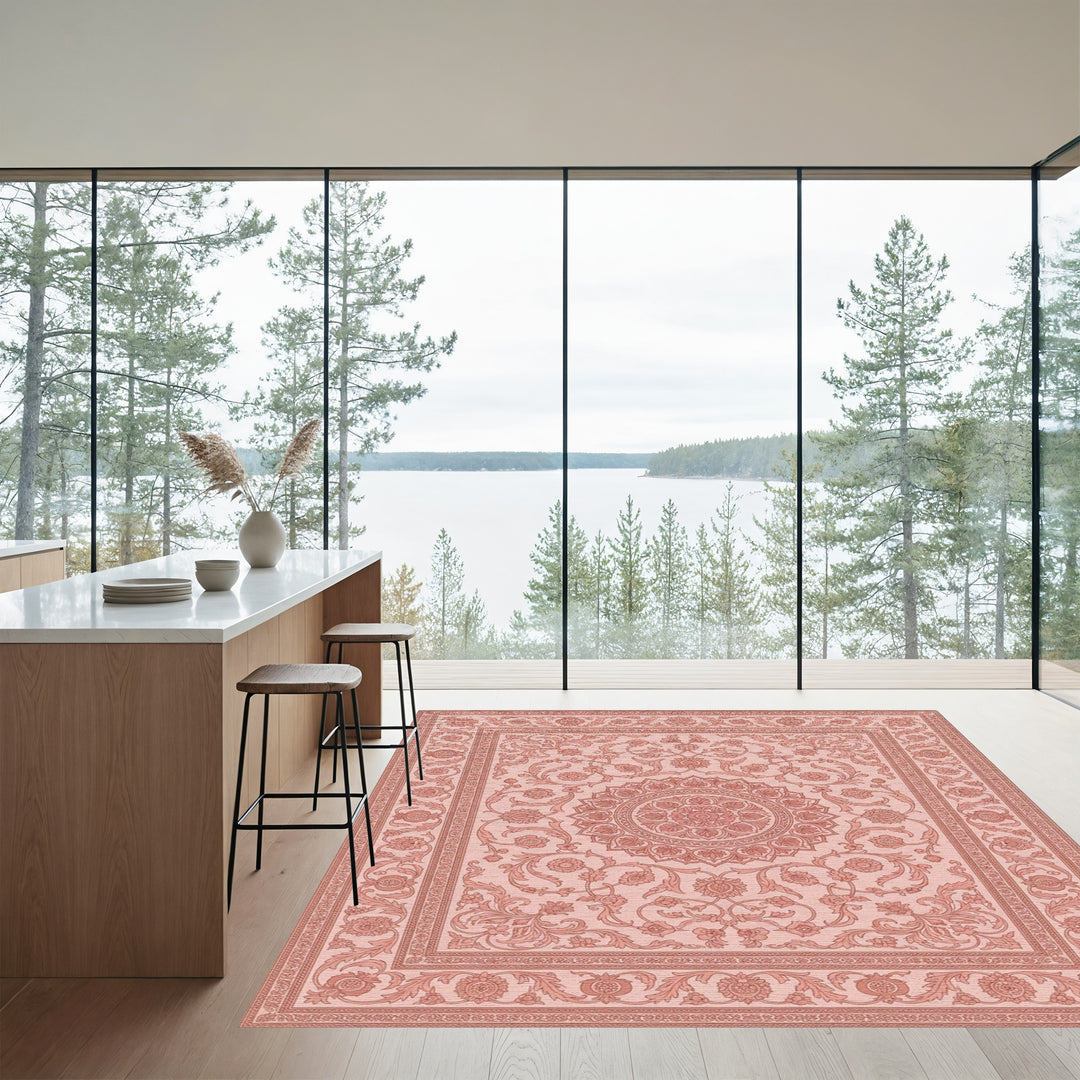 Delicate Pink Floral Mandala Border Rug