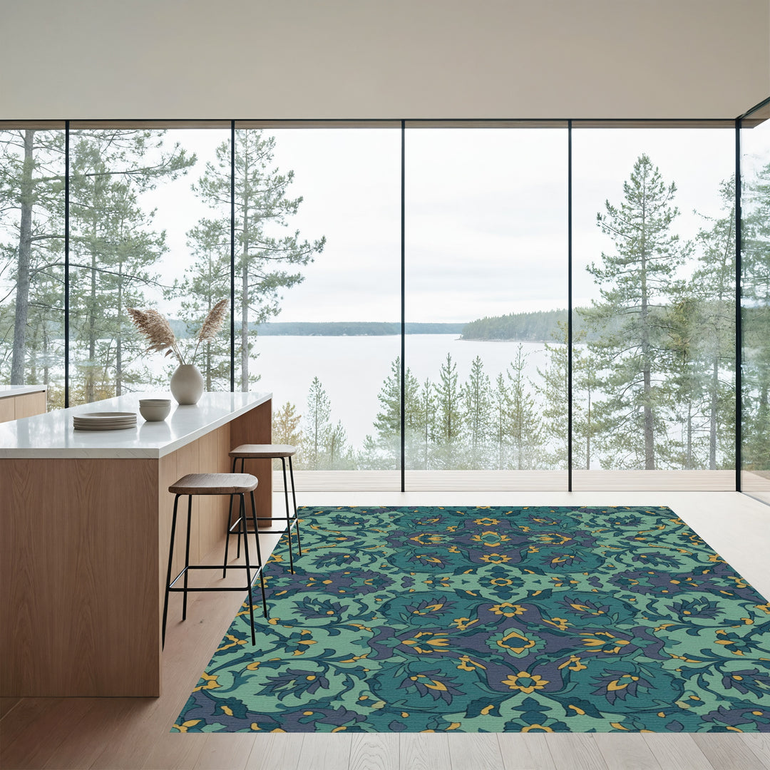 Teal and Gold Floral Medallion Rug