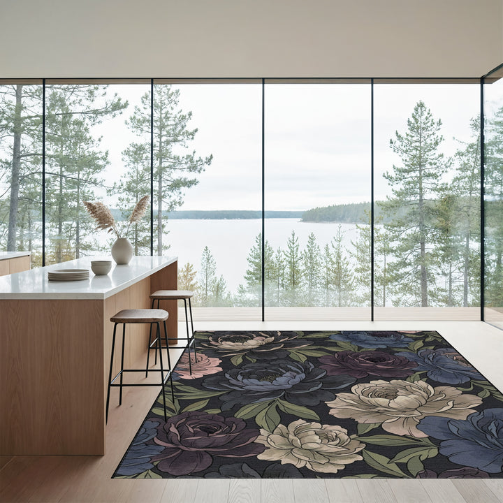 Dark Floral Peony Garden Rug