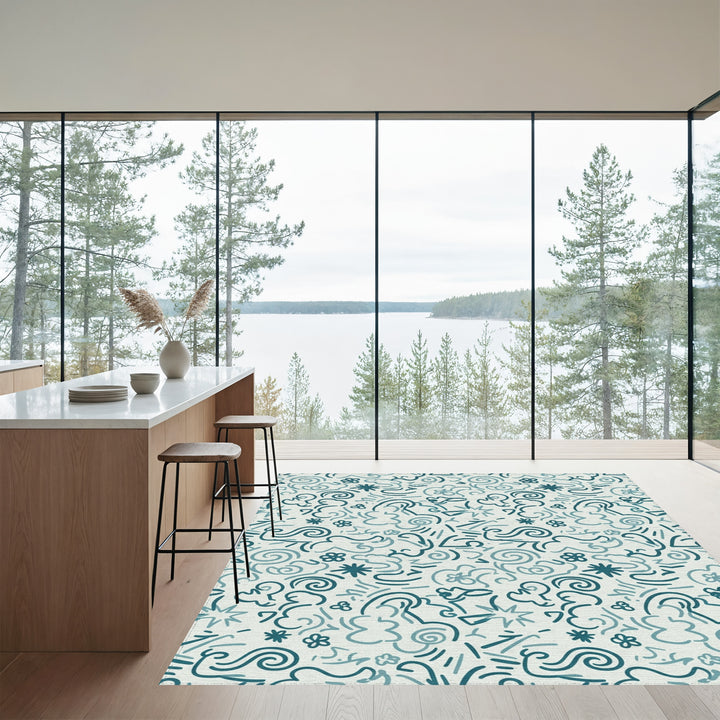 Teal Swirls and Stars Abstract Rug