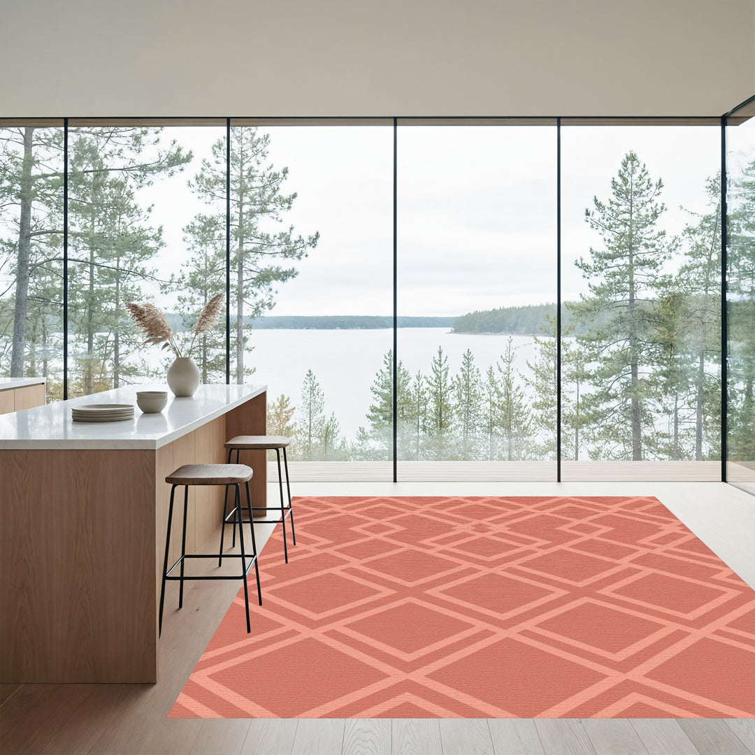 Coral Geometric Diamond Lattice Rug