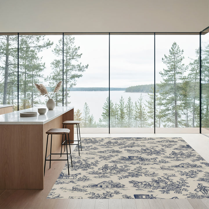 Vintage Blue Countryside Carriage Scene Rug