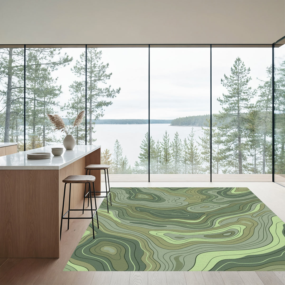 Earthy Green Contour Topographic Lines Rug